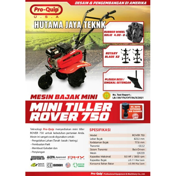 Mesin Bajak Mini Tiller Rover 750 Pro-Quip