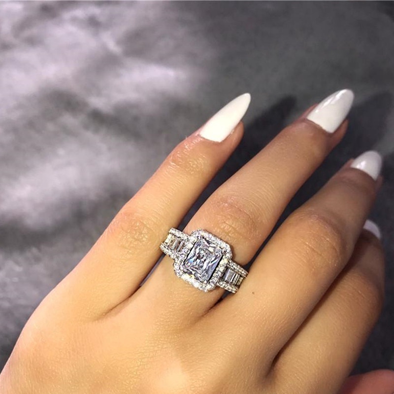 925 Sterling Silver Ring Bridal Hadiah Ulang Tahun Pernikahan Princess Engagement Berlian Jewelry