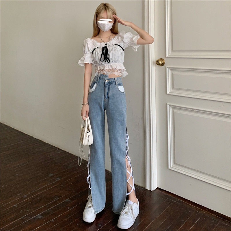 Suhao Musim panas Baru Vintage Hyun-ah Sisi Slip Celana Spice Girl Fried Street Jeans Celana Panjang Wanita Slim Fit Lebar Celana