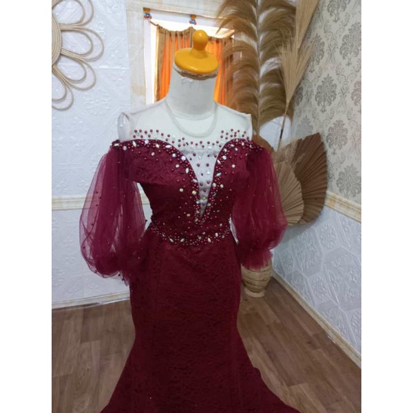 RNDMermaid dress brukat sabrina lengan tile balon