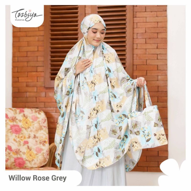 Mukena Tazbiya Willow Rose Pink Grey Jumbo Dewasa Katun Rayon Adem Motif Cantik Treveling