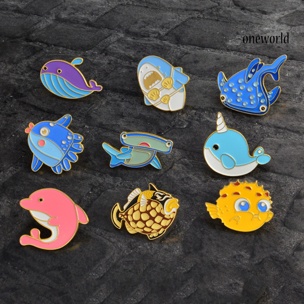 OW@ Cute Cartoon Dolphin Shark Whale Fish Enamel Brooch Pin Badge Collar Coat Decor