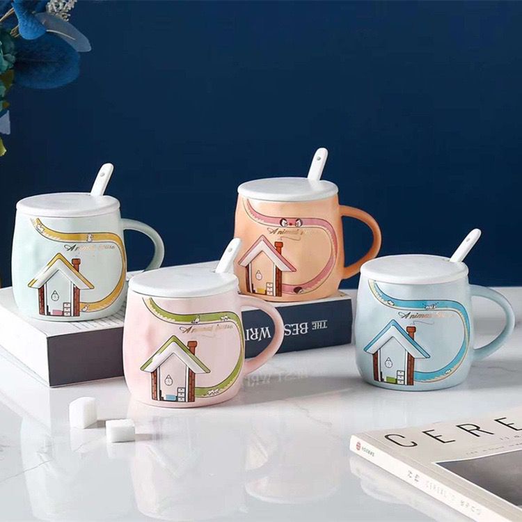 Mug Keramik Cangkir Keramik Kapasitas 420ML Motif House 3D Timbul