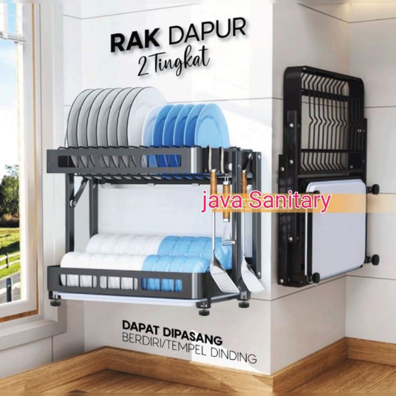 Rak Piring Dapur 2 Tingkat Lipat Gantung Tempel Dinding Stainless