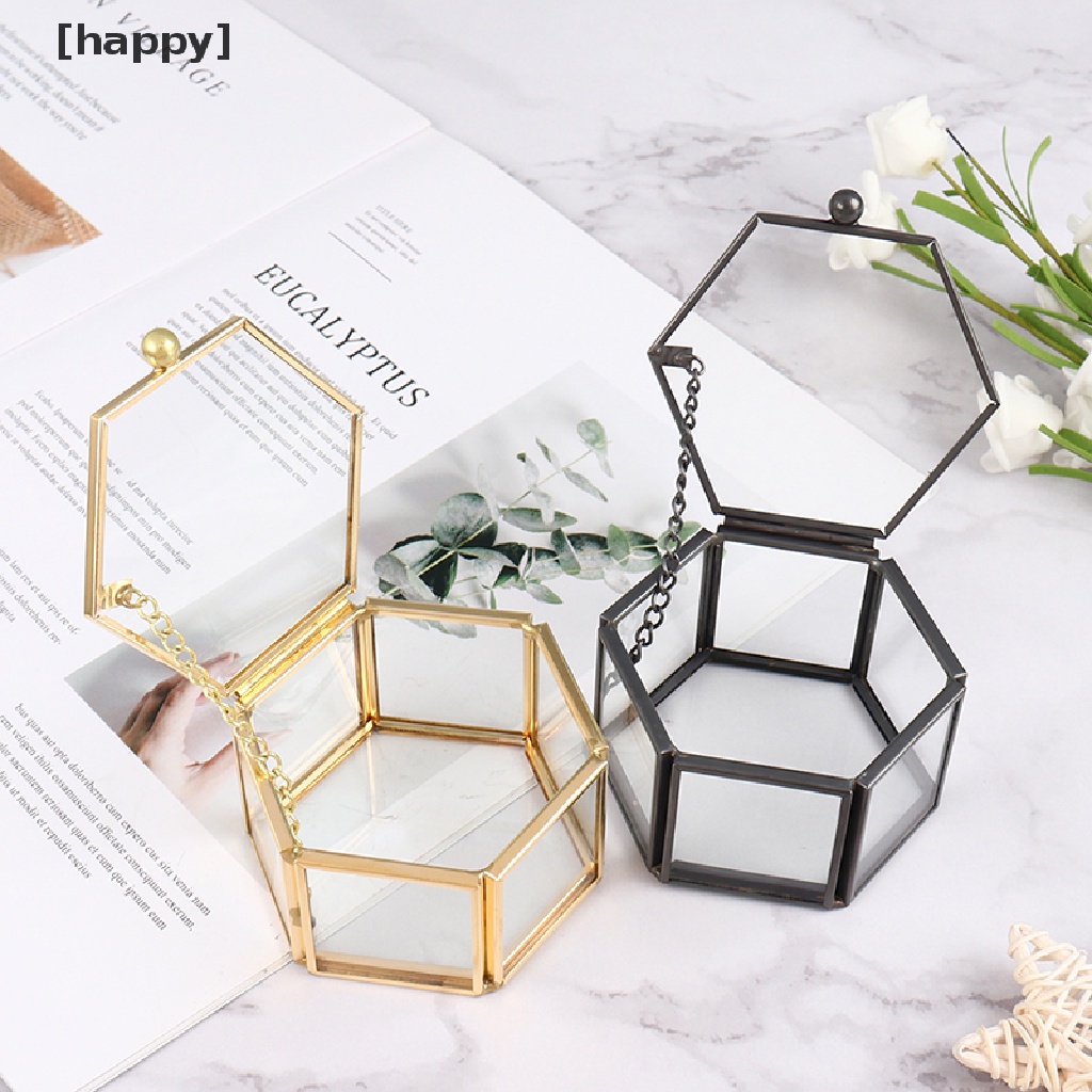 Kotak Holder Penyimpanan Perhiasan Cincin Bentuk Geometris Bahan Kaca