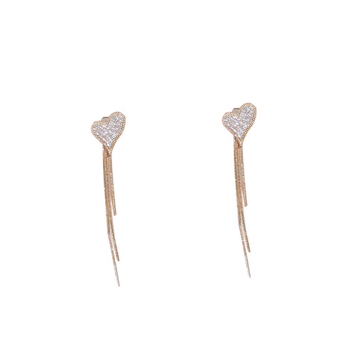 LRC Anting Tusuk Fashion Golden Heart Diamond Tassel Alloy Earrings K84763