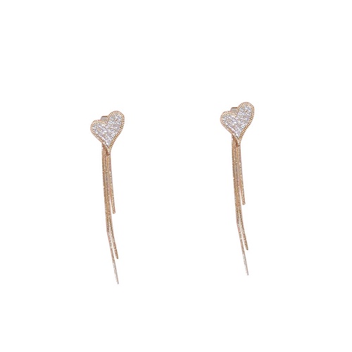 LRC Anting Tusuk Fashion Golden Heart Diamond Tassel Alloy Earrings K84763