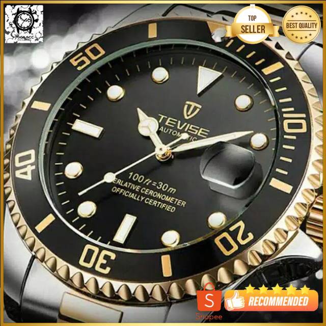 Jam Tangan Mekanik Automatic Tevise Submariner Silver Gold Black