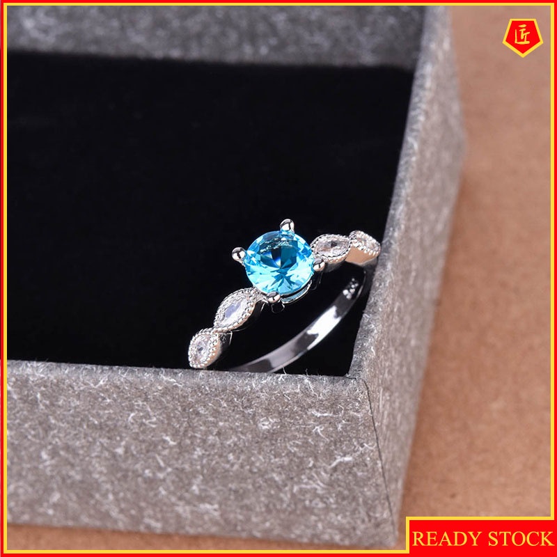 [Ready Stock]Inlaid Blue round Diamond Ring Luxury Red Colored Gems