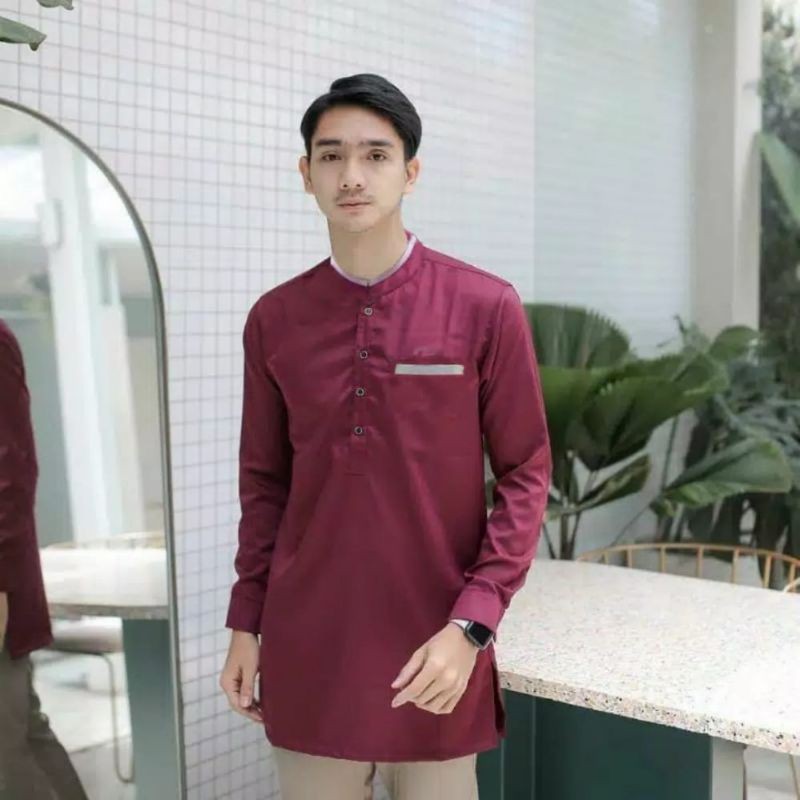 BAJU KOKO KURTA LENGAN PANJANG PRIA DEWASA (MATT KATUN TOYOBO ORIGINAL) SIZE M L XL XXL-Panjang Maron