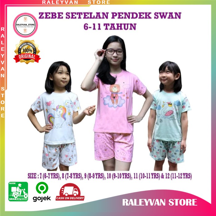 Kazel Setelan Baju Celana Pendek Swan|Piyama Anak Perempuan Umur 7-11 Tahun Isi 3 Stel