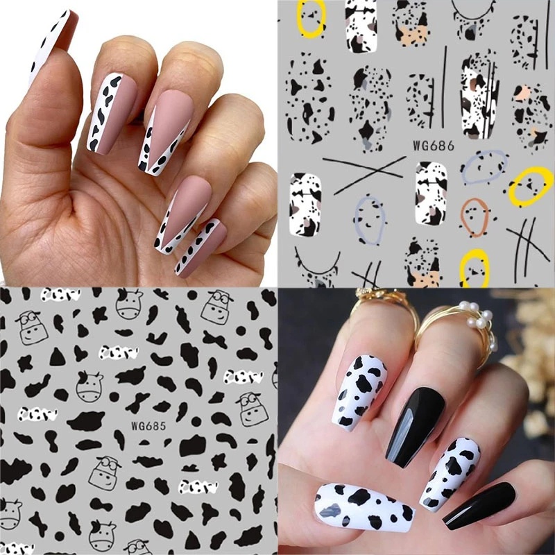 1 Lembar / Pak Stiker Kuku Transfer Air Motif Sapi / Kupu-Kupu / Geometri 3d Untuk Nail Art Diy