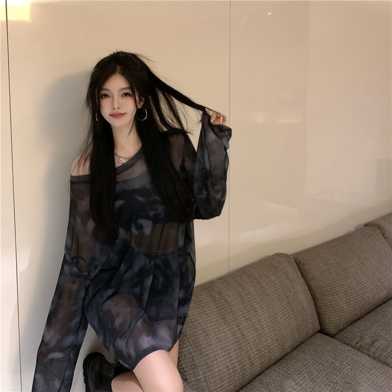 Tie-Lengan PanjangTT-shirt Wanita Tipis Mesh Matahari Perlindungan Kemeja Luar Wear Internet Hot Top