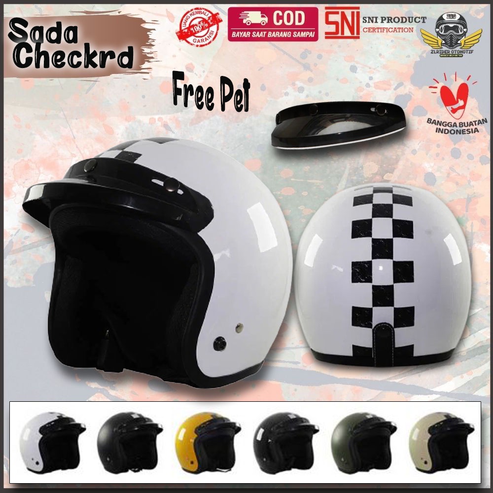 Helm Classic Retro Helmet Vespa Scooter Motor Jadul Sada Checkrd Original