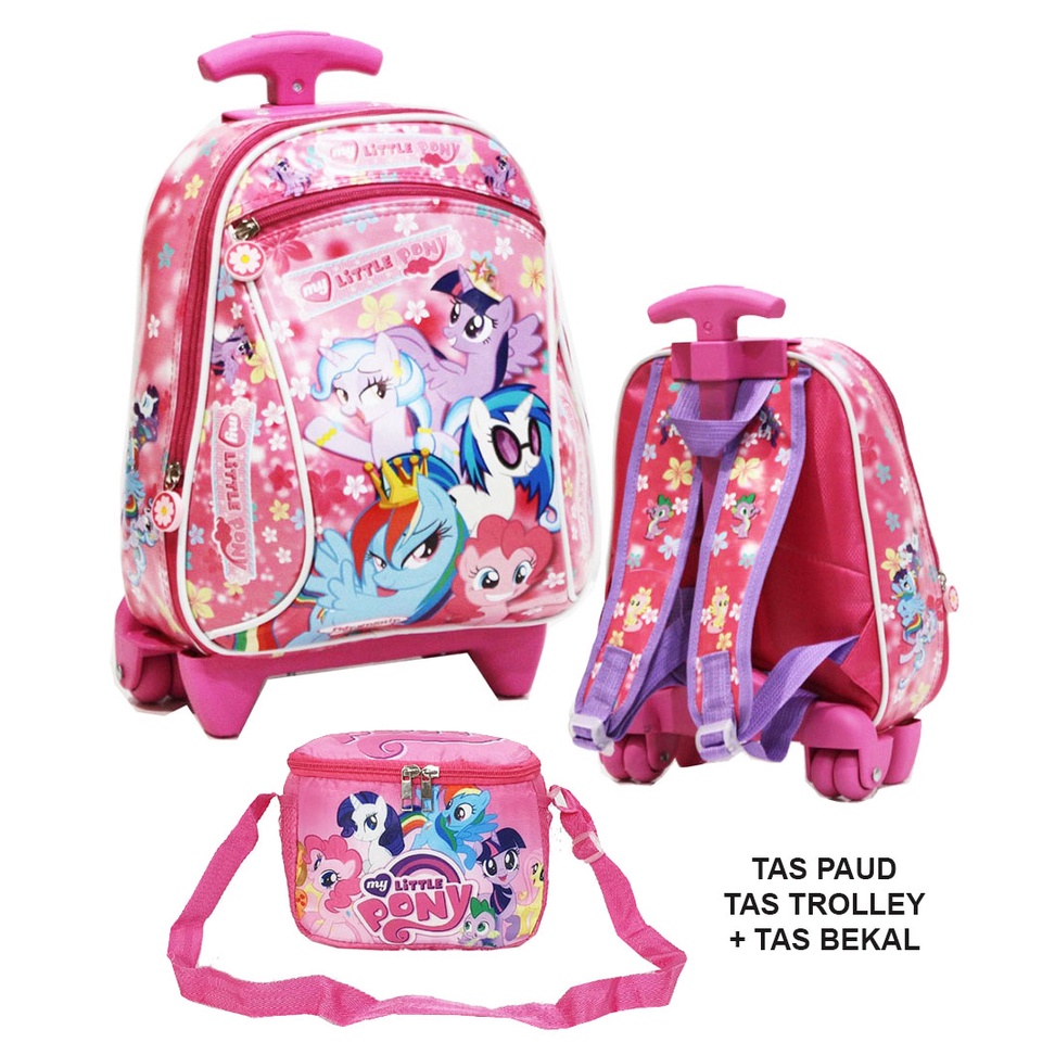 KADO CANTIK SET TROLLEY TAS DORONG ANAK PAUD PEREMPUAN Bahan Tahan Air + Tas Bekal