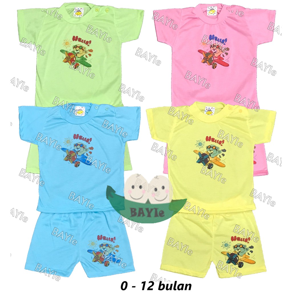 BAYIe - Setelan Kaos Oblong Bayi / Anak Lengan PENDEK Motif HELLO MF umur 0 - 12 bulan