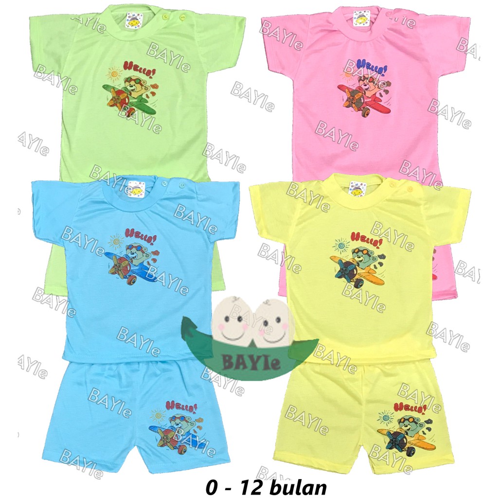 BAYIe - 3 SET Setelan Kaos Oblong Bayi / Anak Lengan PENDEK Motif HELLO MF umur 0 - 12 bulan