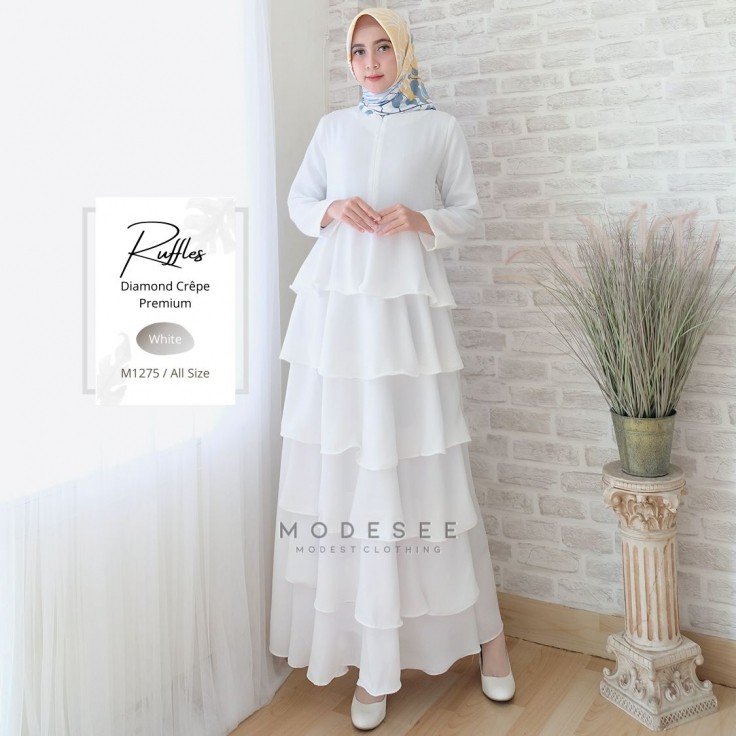 Modesee Gamis Putih Polos Susun Diamond Wanita Muslimah M1275, Gamis Umroh Haji, Gamis Putih