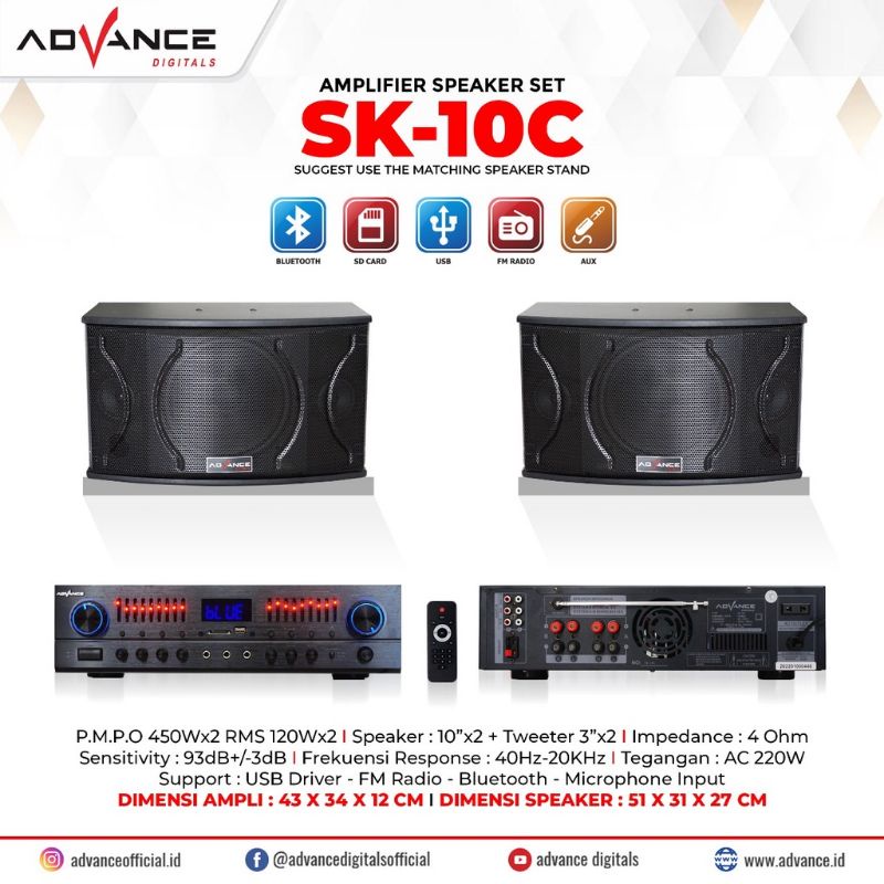 Advance SK-10C Speaker Bluetooth Konser Set Amplifier Dual Speaker Aktif 10 Inch Extra Bass Stand Tiang Berdiri