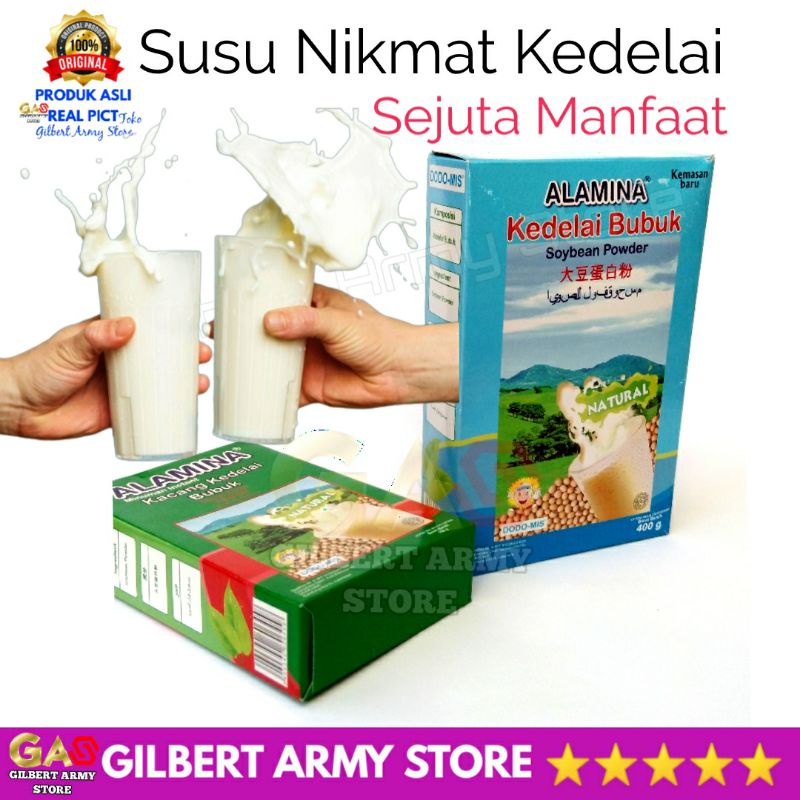 Susu Kedelai Bubuk ALAMINA Kacang  Murni Protein Milk Soybean Powder Varian Rasa Natural Original  Coklat Vanila  Muscle Suplement Makanan Fitnes Menurunkan Berat Badan GILBERT ARMY STORE Promo Terbaru 150gram 400