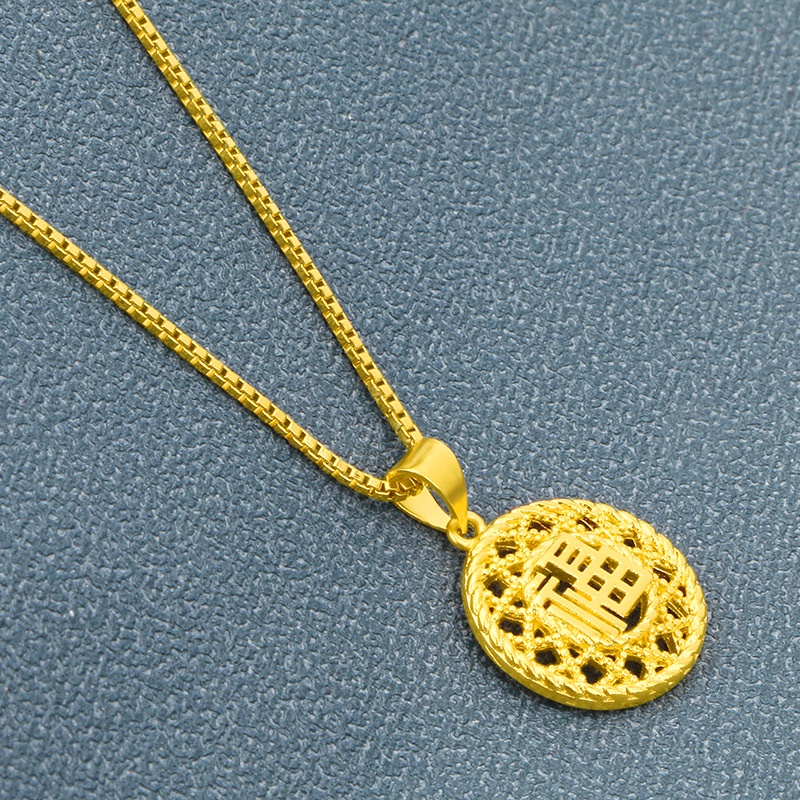 Kalung Emas Asli Kadar 375 Dengan Liontin Karakter Fu Hollow Gaya China Untuk Pria Dan Wanita