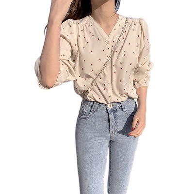 #Sisjuly# Sablon Wanita Lengan Panjang V-Neck Kepribadian Retro Kemeja Gaya Barat Wanita