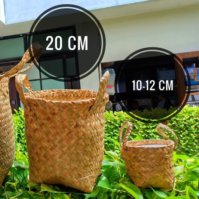 Unik Tas Purun / Cover Pot dengan gagang ukuran 20 cm Murah