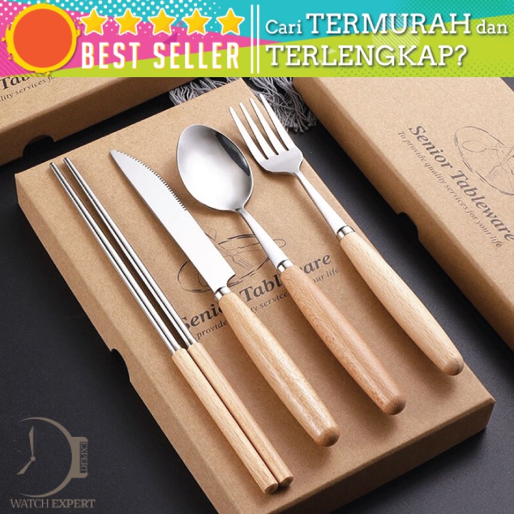 Bisa COD Set Perlengkapan Makan Sendok Garpu Pisau Sumpit Wooden Handle - BearPaw KA2020