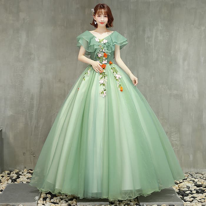 Gaun Pengantin 0091118 Hijau V Neck Wedding Gown