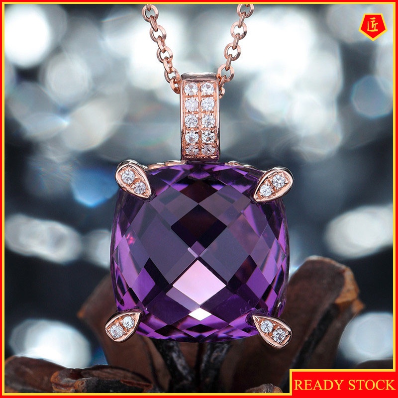 [Ready Stock]Fashion Personality Square Amethyst Pendant Rose Gold Necklace