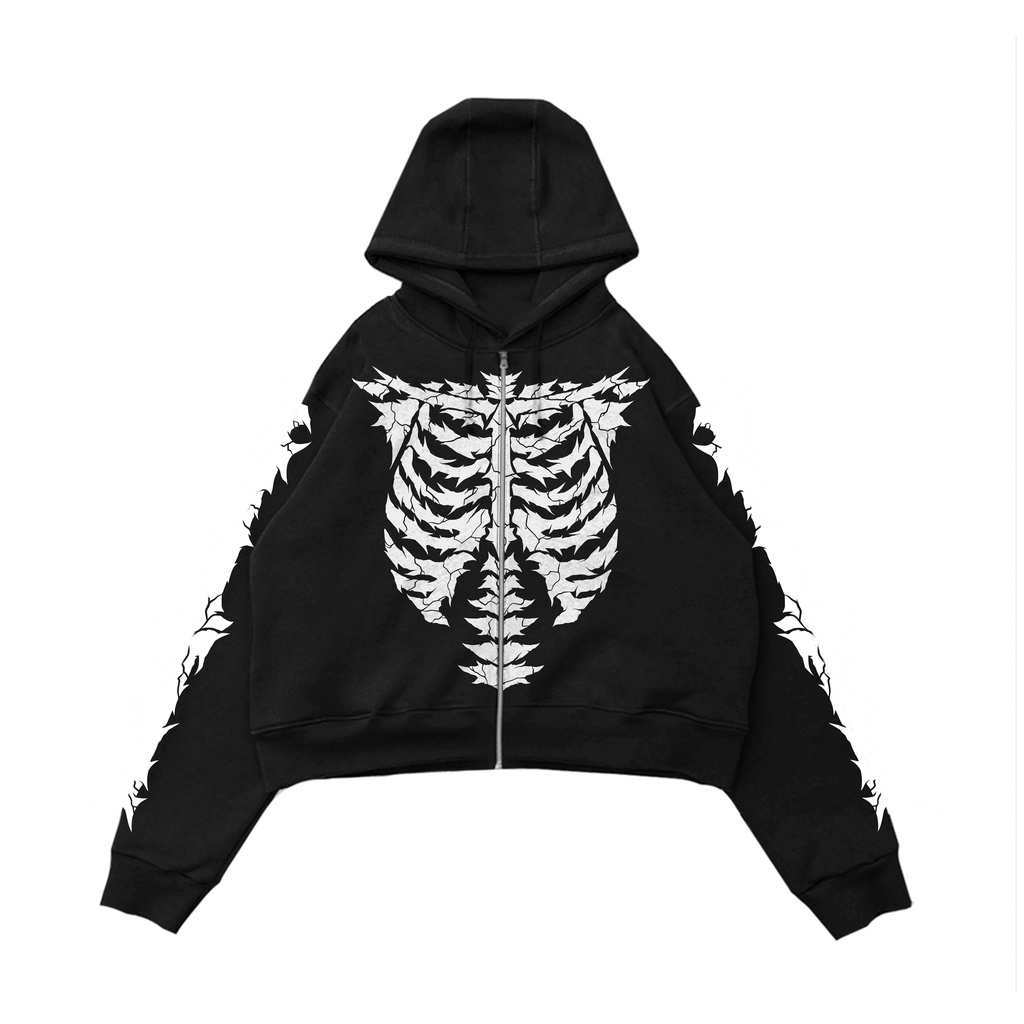 CROP ZIP HOODIE OVERSIZE UNFINISHED | SKELETONS | BLACK | YIKESALLDAY (50PCSONLY)