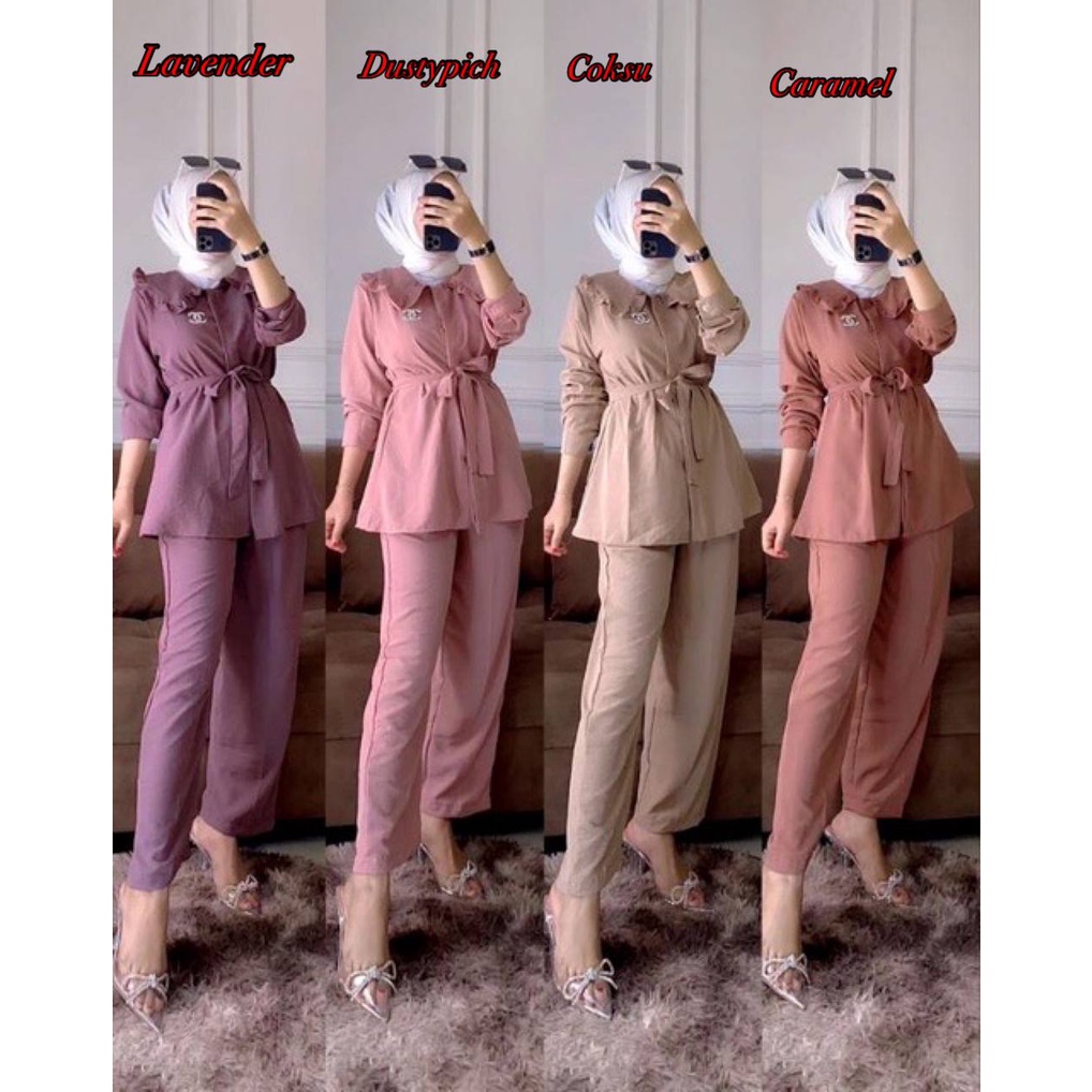 Denada Set - One Set Wanita Kekinian Kemeja Crinkle Airflow Setelan Wanita Celana Kulot LD 110 cm