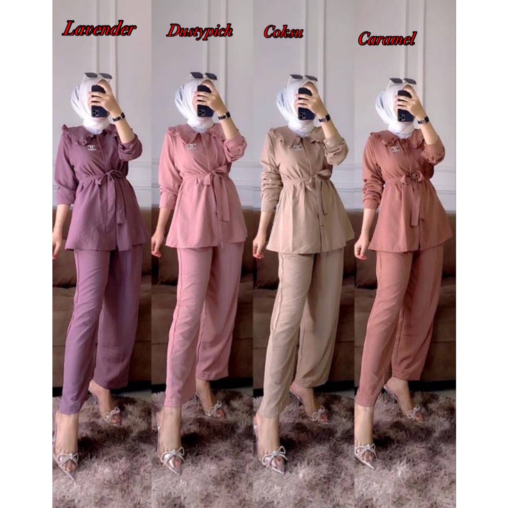 Denada Set - One Set Wanita Kemeja Import Crinkle Airflow Setelan Wanita Celana Kulot Lengan Panjang LD 110 cm