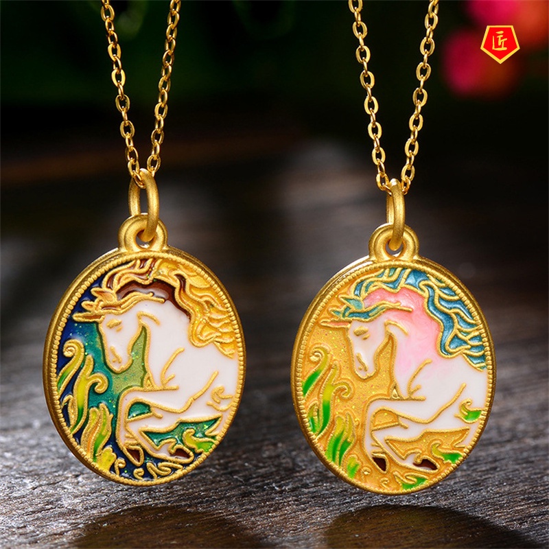 [Ready Stock]Ancient Style Burning Blue Unicorn Pendant 3D Gold Necklace New Fashion