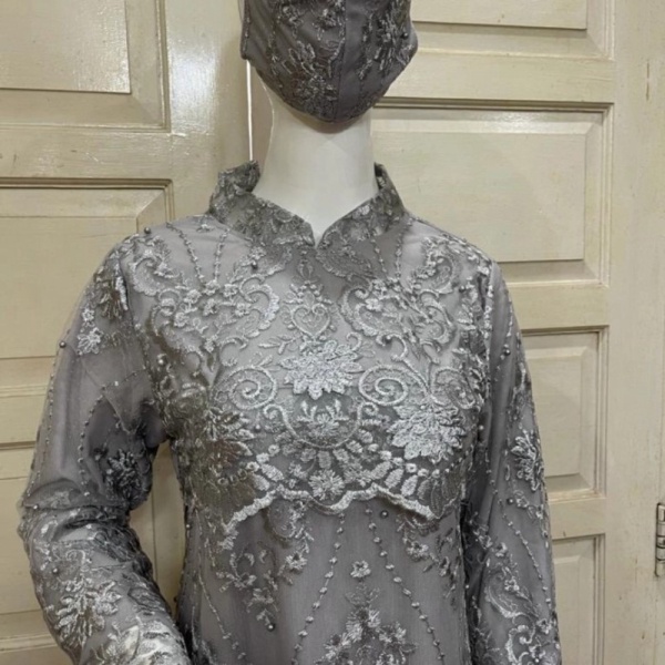 Promo Kebaya Gamis Brokat Modern Rample  Gamis Tulle Bahan Premium - Silver M Diskon