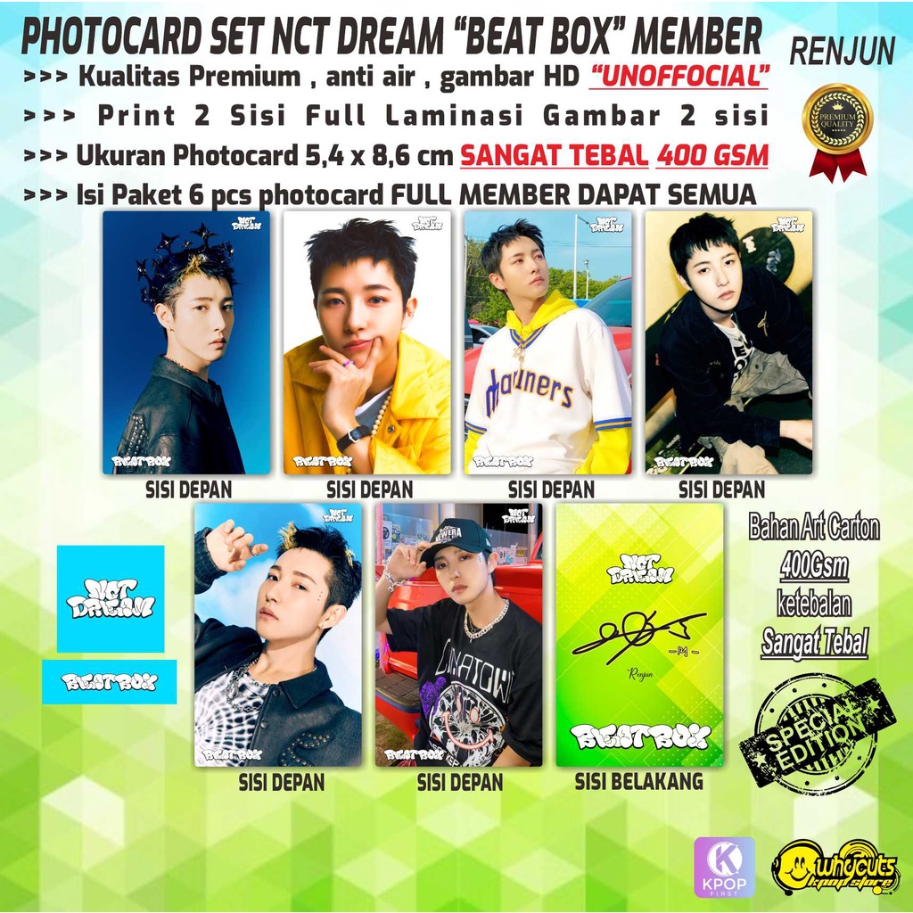 PHOTOCARD FULL SET PREMIUM UNOFFICIAL NCT DREAM BEATBOX MEMBER / PRINT 2 SISI / FULL LAMINASI / SUPER TEBAL / ANTI AIR / 6 PCS