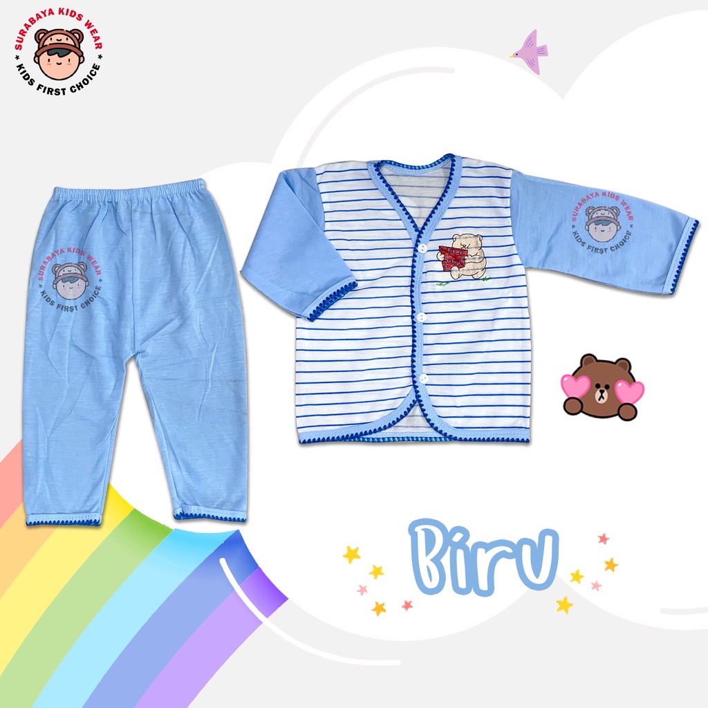 Piyama / Baju Tidur Anak Warna Kancing Motif Garis Bordir Hewan