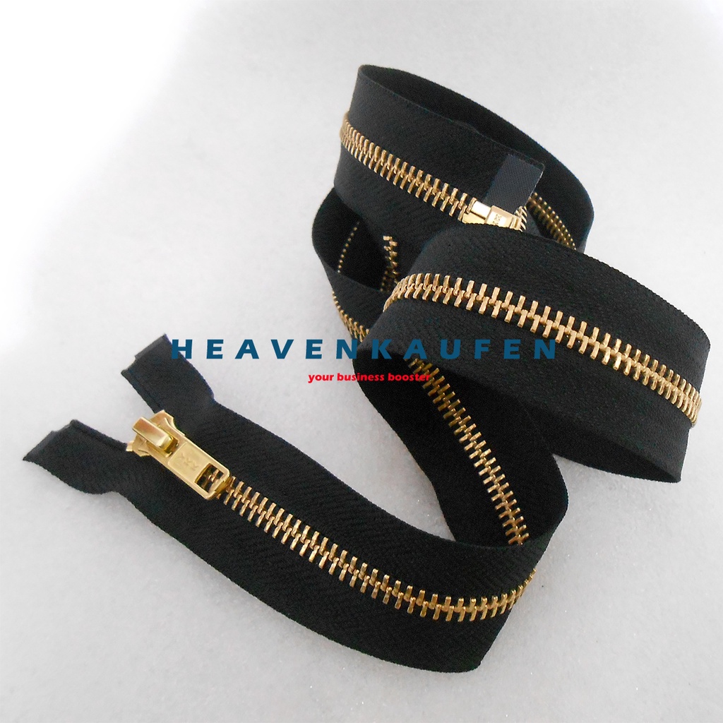 Resleting Zipper YKK 100 cm Atau 1 Meter Type Gigi Besi Hitam - Gold Emas Set Open End Buka Lepas