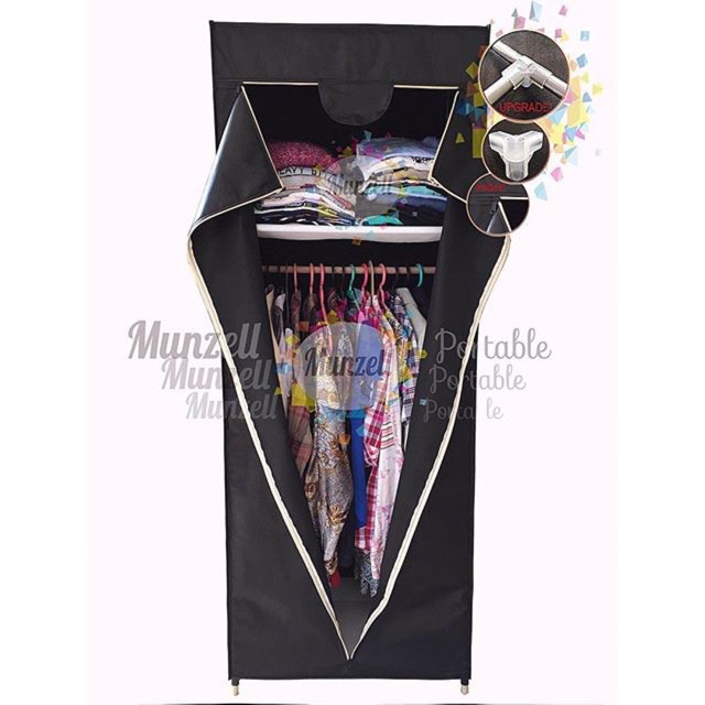 Lemari Kain Portable MUNZELL Type LPF 02 (HITAM) Lemari Pakaian Baju Gantung + 2 Sekat
