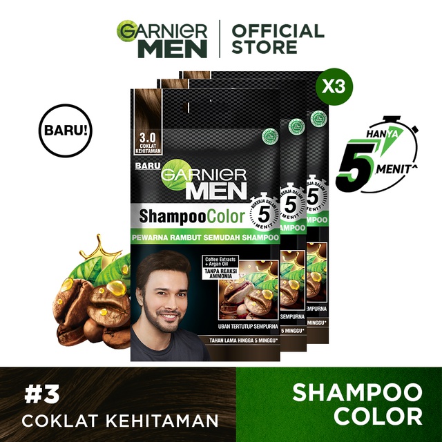 Jual Garnier Men Shampoo Color x3 pcs 3 Coklat Kehitaman (Pewarna