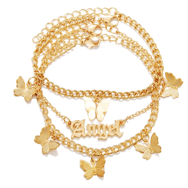 3pcs / Set Gelang Kaki Multilayer Liontin Angel Butterfly Gaya Eropa Amerika