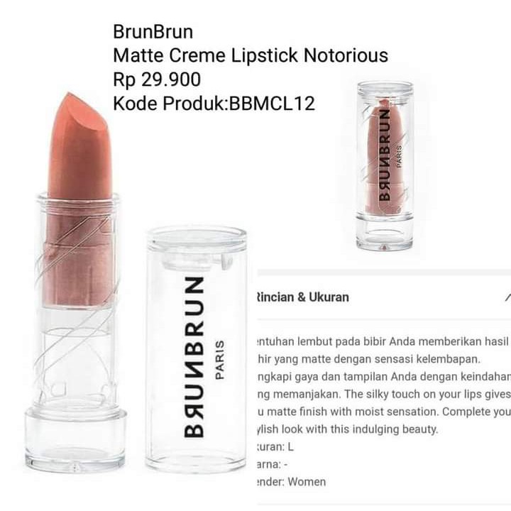 LIPSTIK BRUNBRUN MATTE CREME LIPSTIK NOTORIUS BBMCL 12