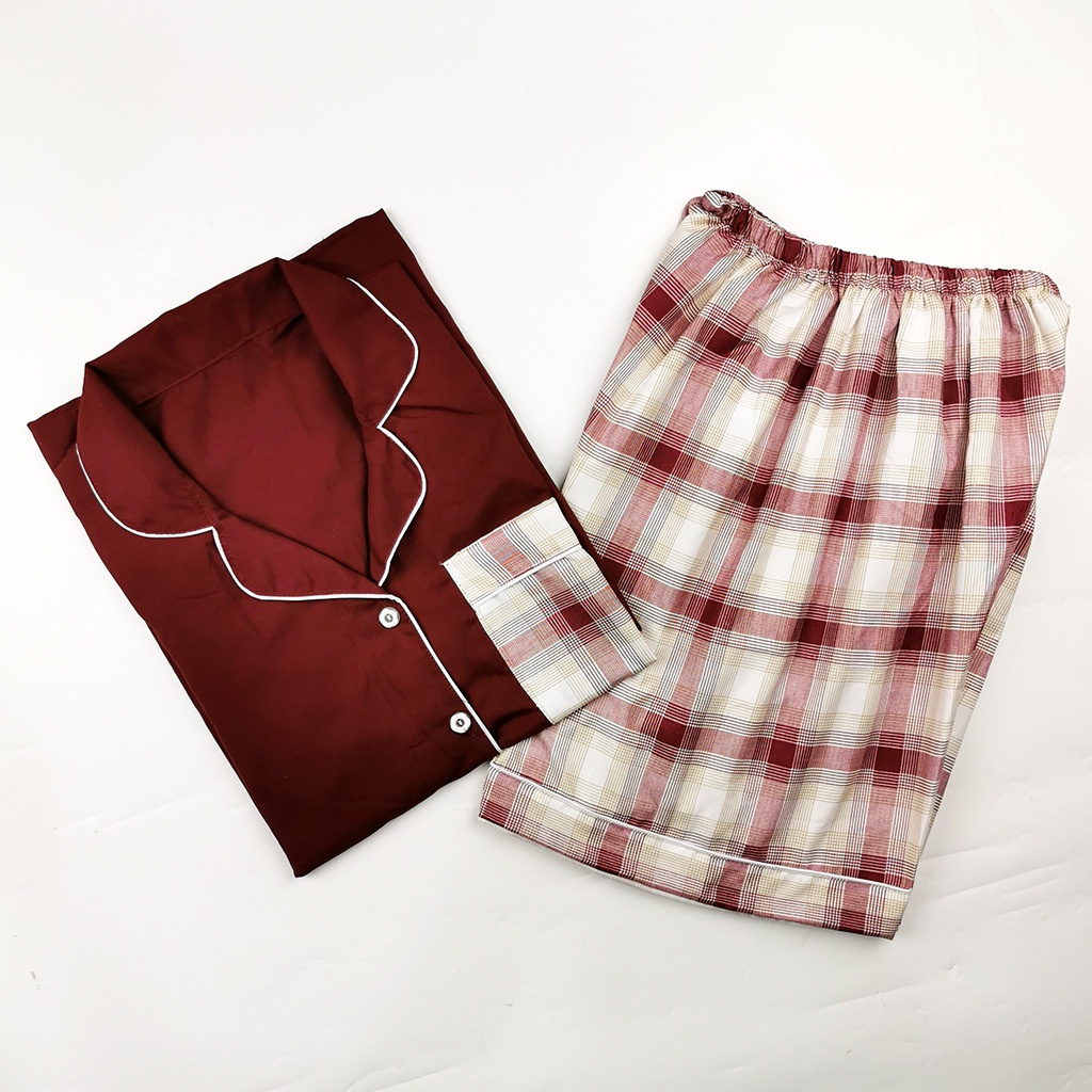 Setelan Piyama Dewasa Celana Pendek Lengan Pendek Hotpant All Size-HPL KTK MARUN 2 COMB