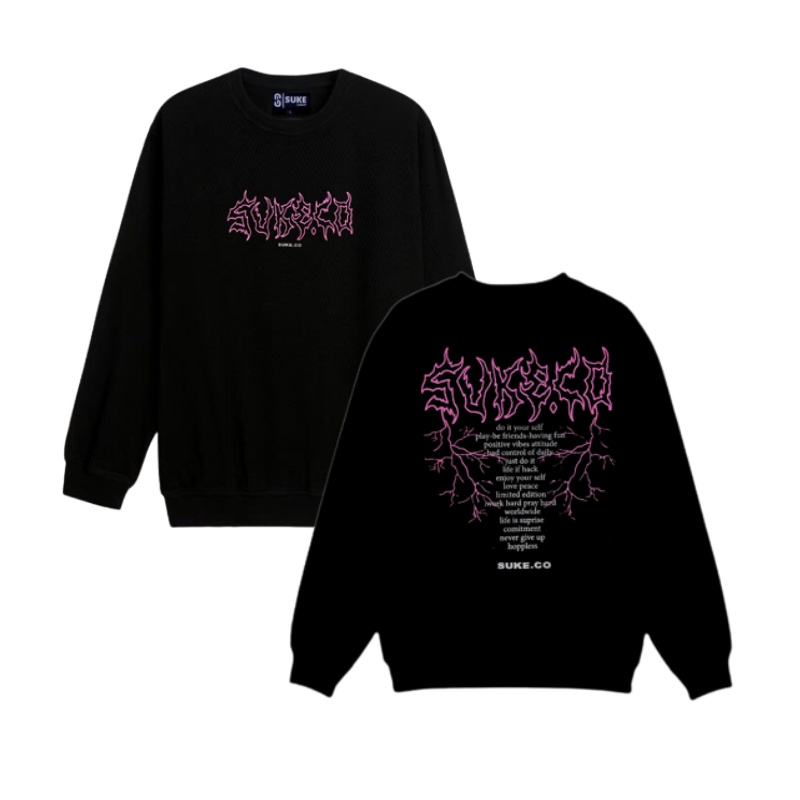 SUKE SWEATER CREWNECK HITAM METAL GRAFFITI UNISEX FULL LABEL