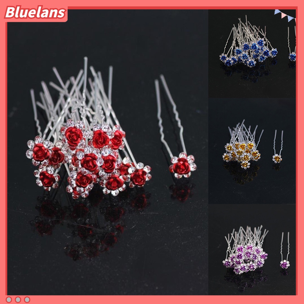 Bluelans 10pcs Jepit Rambut Bentuk Bunga Mawar Lapis Silver Aksen Berlian Imitasi Untuk Wanita