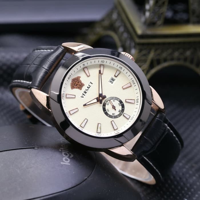 Jam Tangan Pria Versace Leather Black Rosegold White