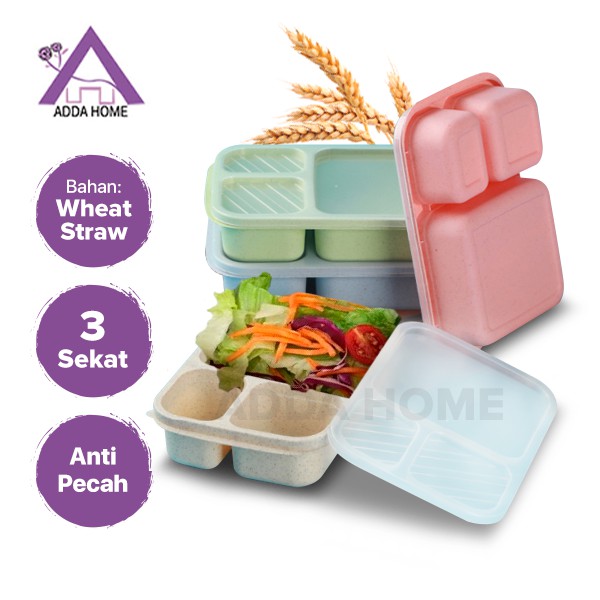 Adda Home - Tempat Makan Lunch Box 3 Sekat Bahan Jerami Gandum Wheat Straw Anti Pecah