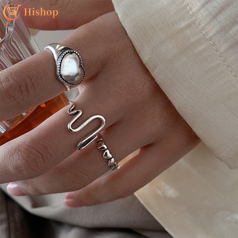 Set Cincin Model Terbuka Desain Gelombang Hati Warna Silver Untuk Wanita