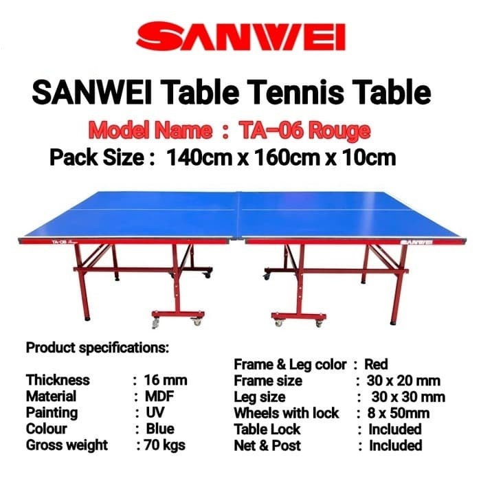 Meja Pingpong Tenis Meja Sanwei TA 06 Rouge TANPA PERALATAN HANYA MEJA