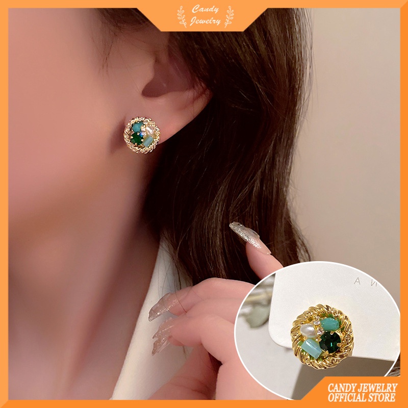 2022 Anting Tusuk Retro Bentuk Bulat Hias Kristal Warna Permen Untuk Wanita